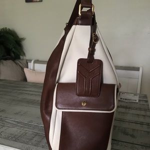 YSL brown leather / tan canvas hobo purse
